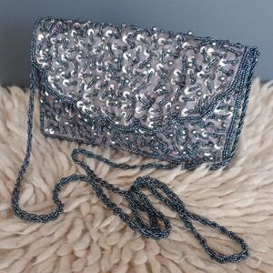 Pewter Sequined Evening Clutch/ Crossbody